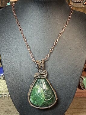 Wire-Wrapped Green Stone Pendant Necklace with Copper Chain